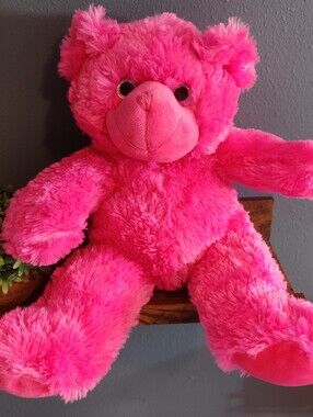 Fuzzy Hot Bright Pink Teddy Bear Plush With Pouch Unbranded 10" Stuffed Animal
